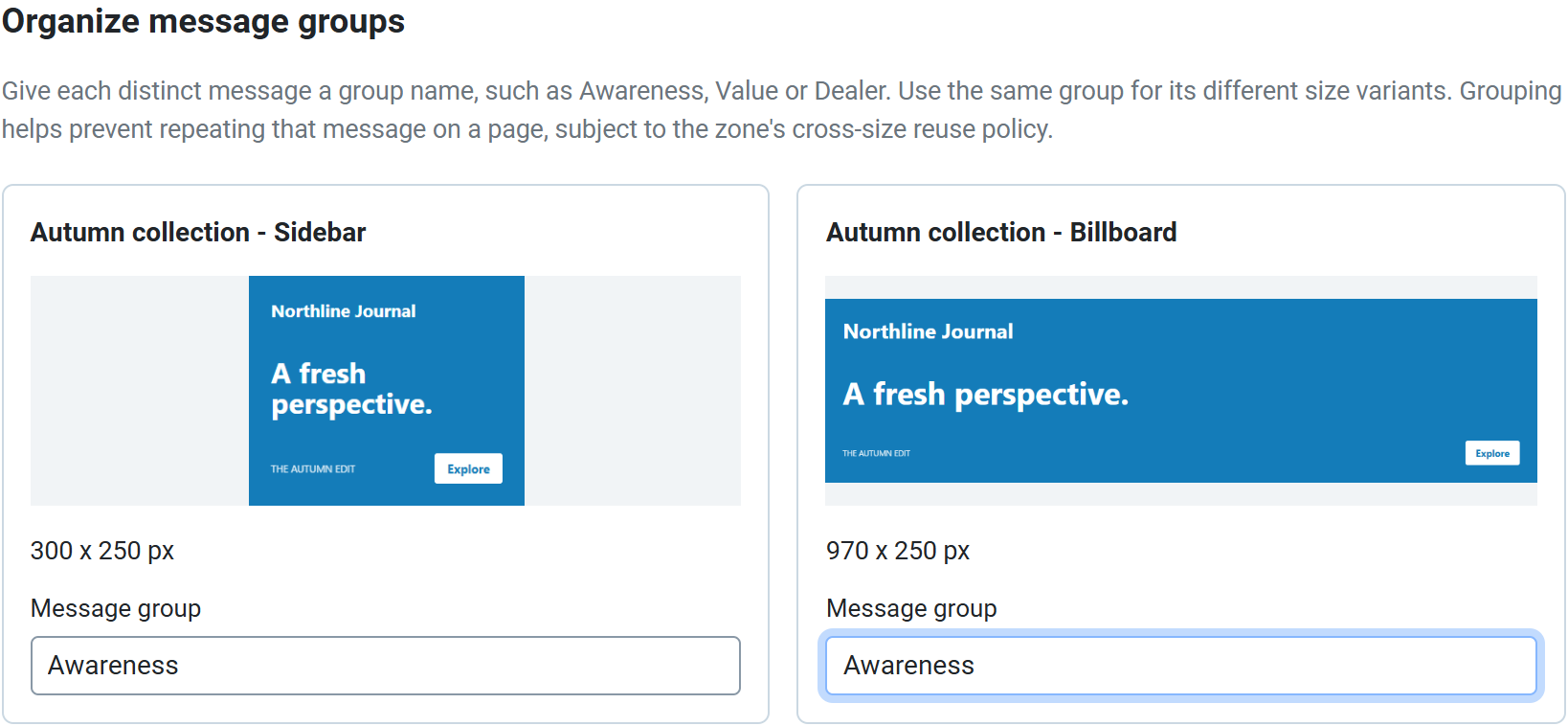 Two real banner previews in SEPONE, with Awareness entered as the message group for both size variants